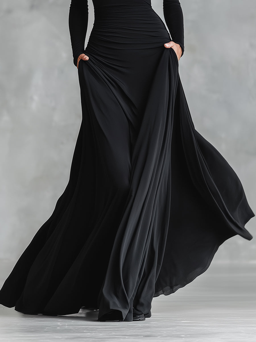 Women's Black Modern Crepe Ruched Boat - Neck Maxi Dress MDA1472J7I