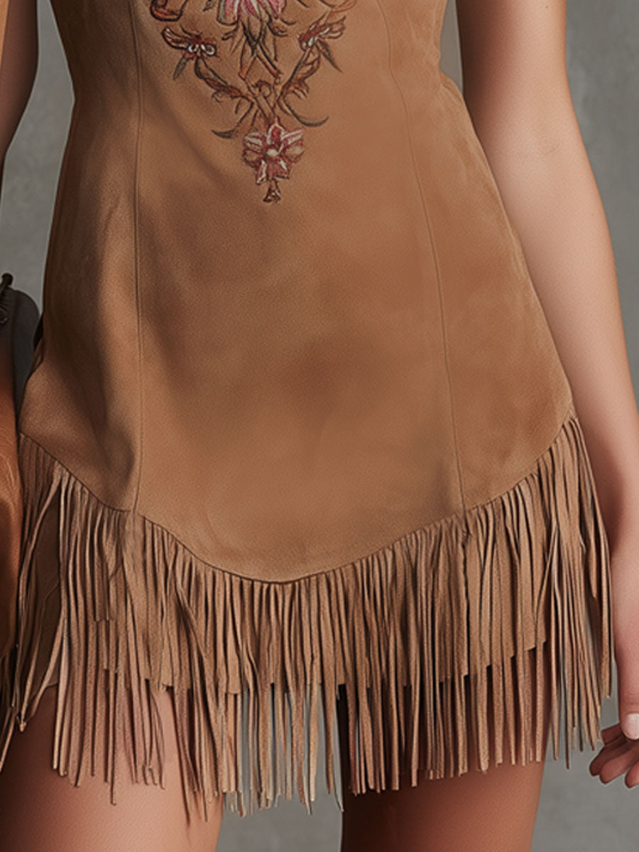 Western Style V-neck Embroidered Fringed Faux Suede Sleeveless Mini Dress