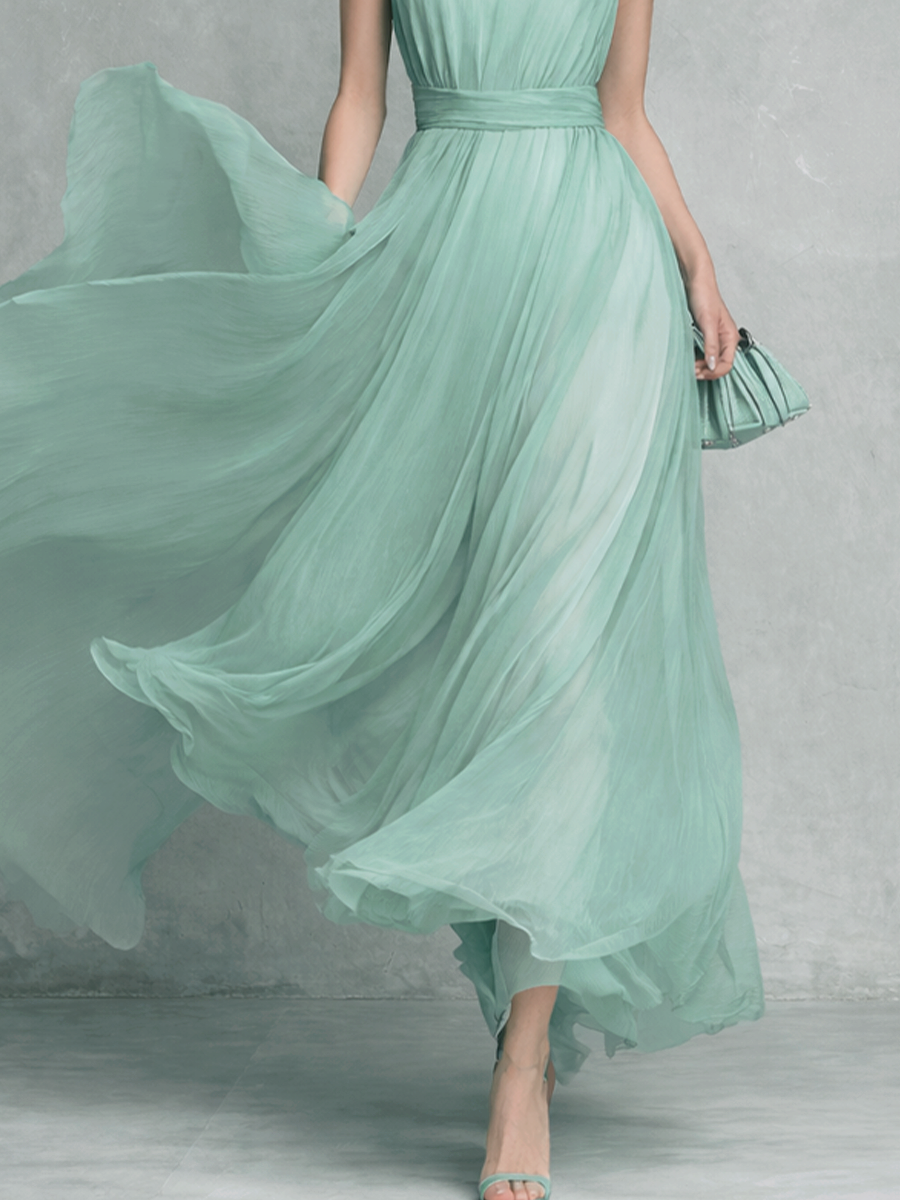 Women's Elegant Mint Green Chiffon Sleeveless Long Dress With A Fitted Waist MDZ1550A9BA