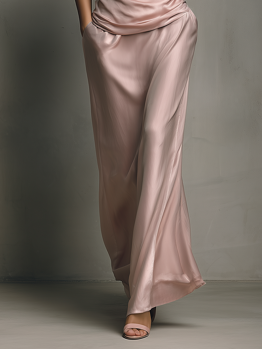 Elegant Women's Pink Acetate Satin Camisole And Skirt Set MDZ1504A6BA