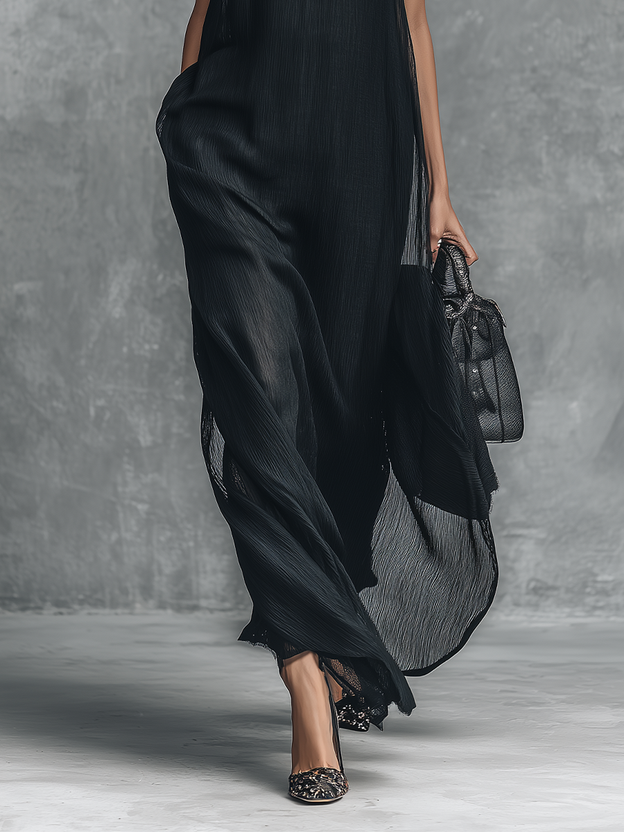 Women's Simple Style Black Chiffon Crinkle Sleeveless Stand-collar Long Dress MDZ1515A5BA