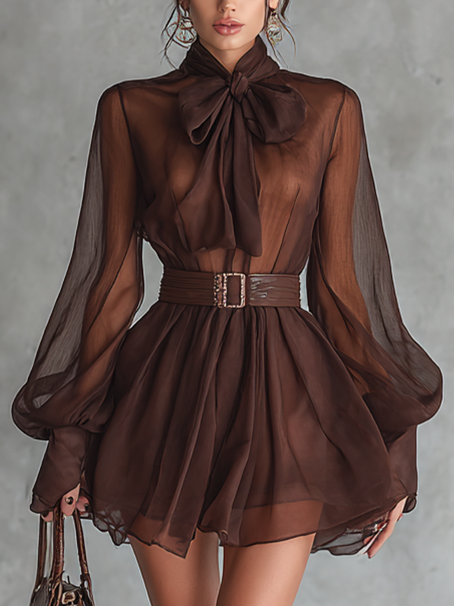 Women's Vintage Brown Chiffon Long-sleeved Short Dress With A Bow(belt Not Included) MDZ1554A6BA
