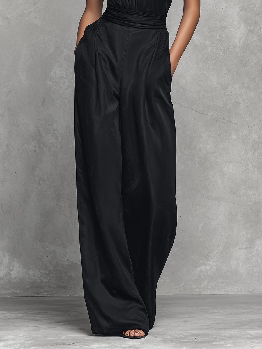 Women's Elegant Black Acetate Double-sided Satin Halter Jumpsuit MDZ1549A0BA