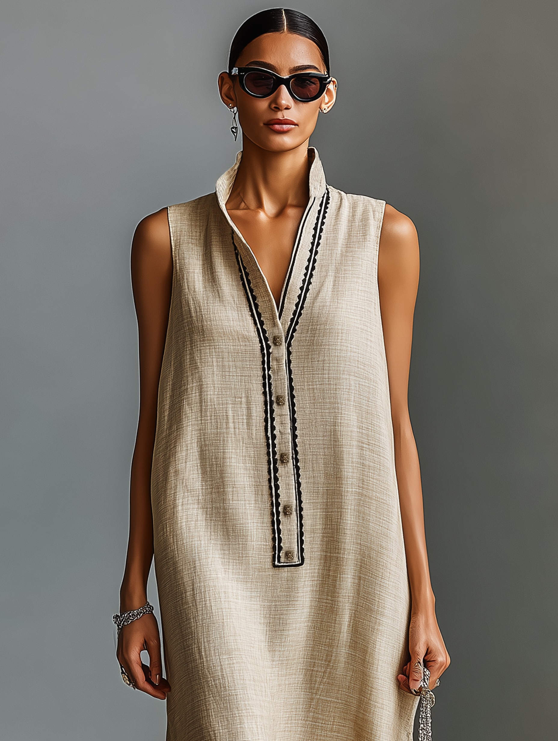 Women's Minimalist Linen Blend Sleeveless  Embroidered Neckline Maxi Dress MDZ0510A2Y