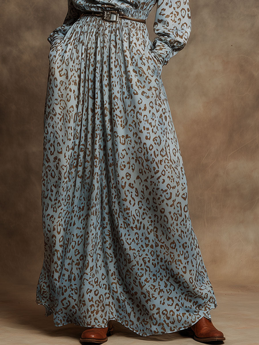 Vintage Blue Chiffon Leopard Print Long-Sleeved Half-Zip Maxi Dress