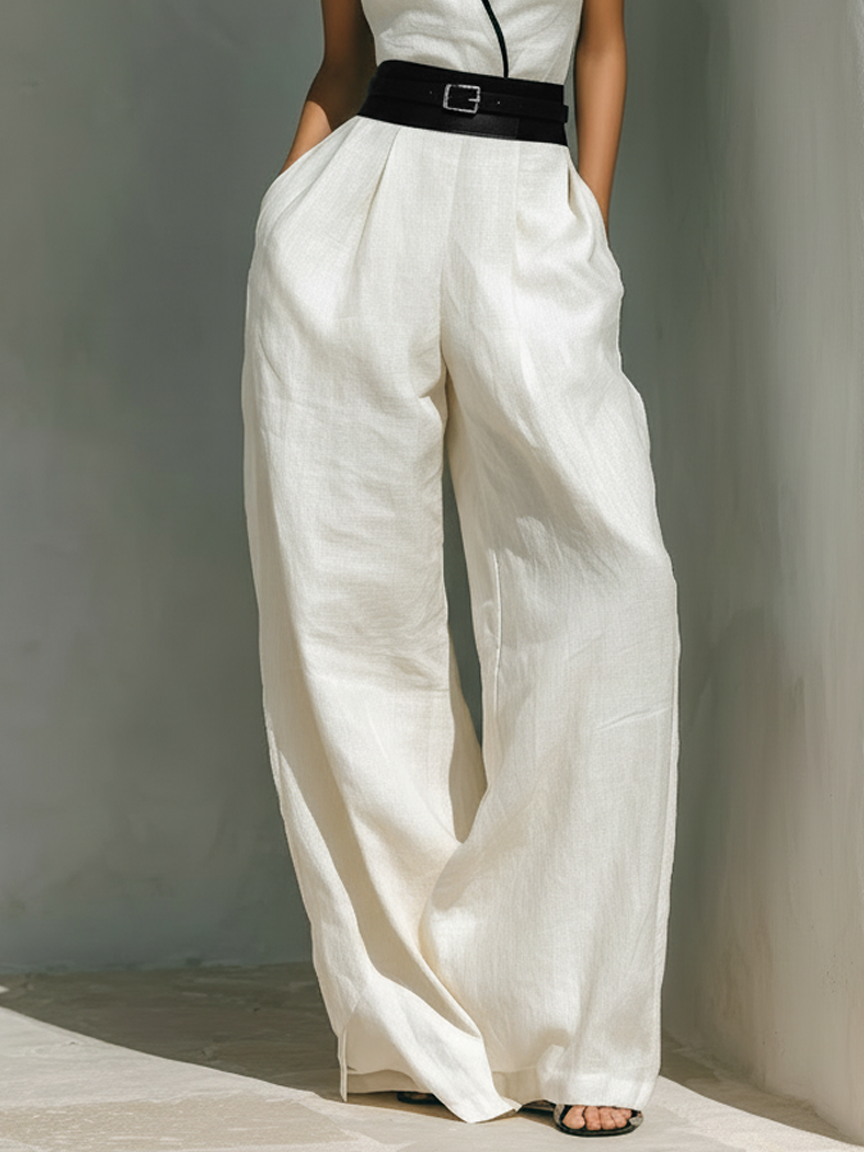 Women's Minimalist Linen Blend Patchwork Sleeveless Stand-collar Jumpsuit MDZ0812A7Y
