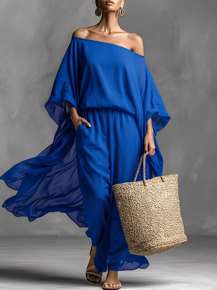 Women's Royal Blue Sheer Chiffon Jumpsuit With Off-the-Shoulder & Batwing Sleeves, Timeless Romantic-Boho Style Jumpsuit MDZ1668A6I