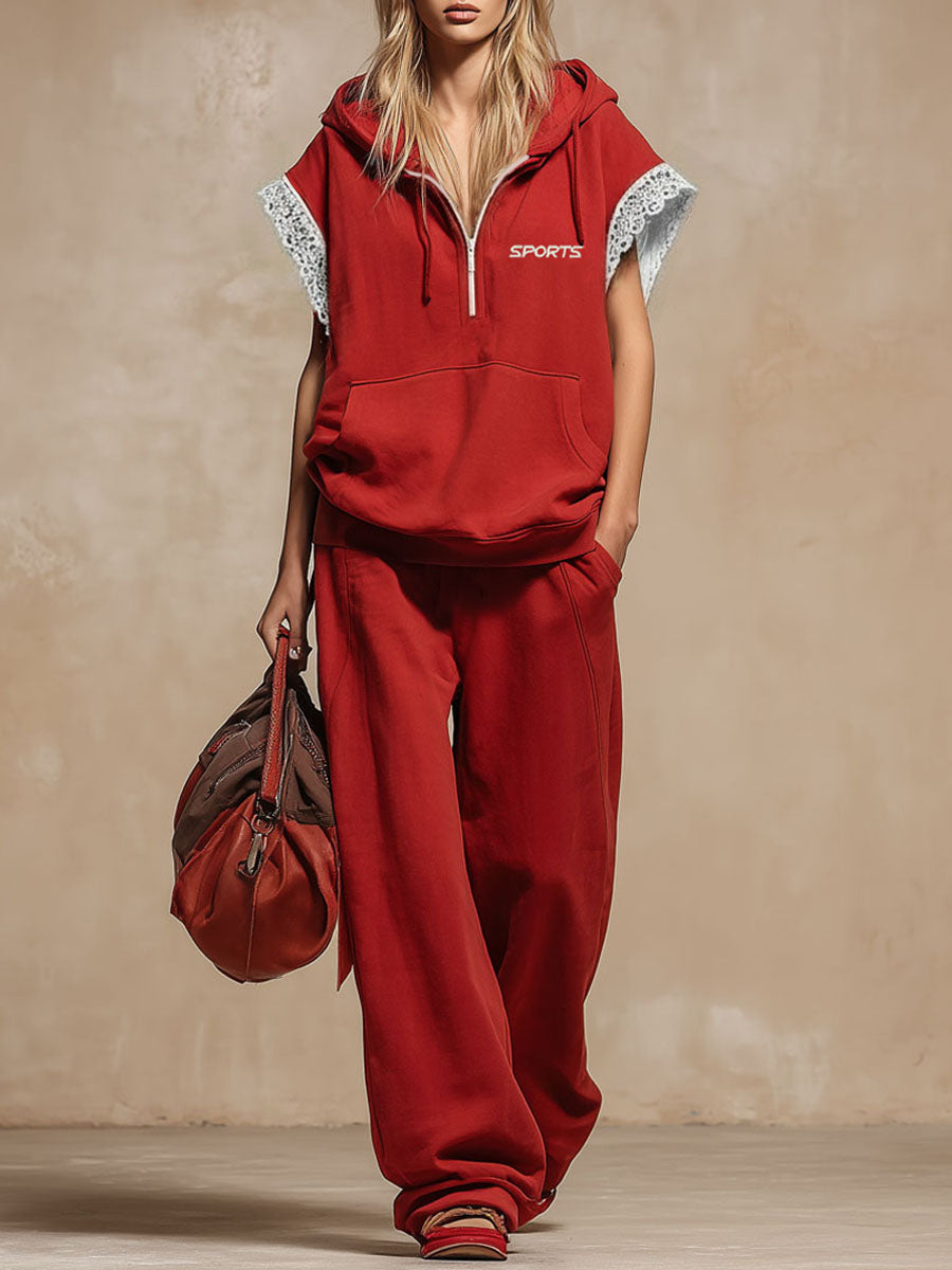 Hooded Lace-trimmed Sleeveless Top And Pants Set
