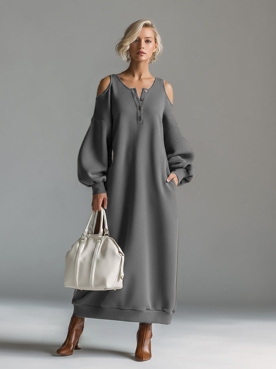 Elegant Urban Sporty Grey Cotton Off-the-shoulder Long-sleeved Maxi Dress