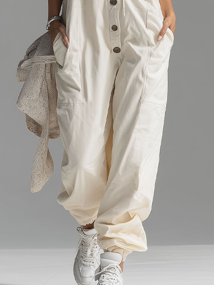 Hooded Lace-trimmed Double-pocket Sleeveless Jumpsuit