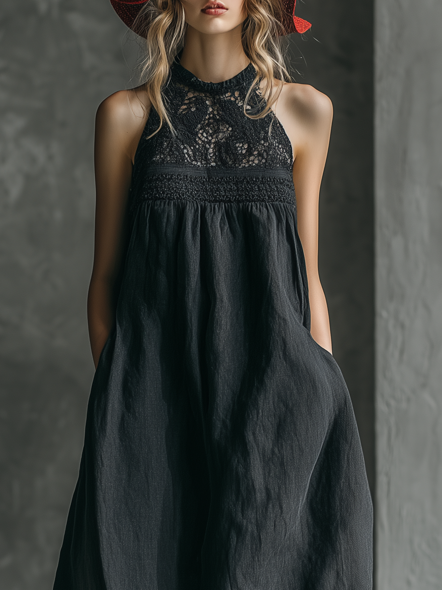 Stylish Western-style Dark Gray Lace Neckline Sleeveless Tencel Maxi Dress