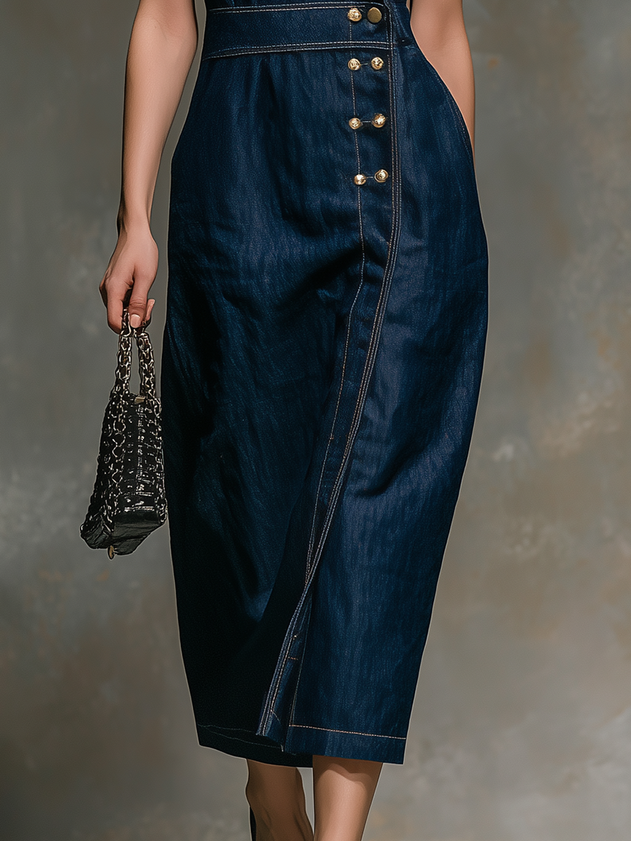 Retro-chic Sleeveless Asymmetrical Neckline Midi Dress