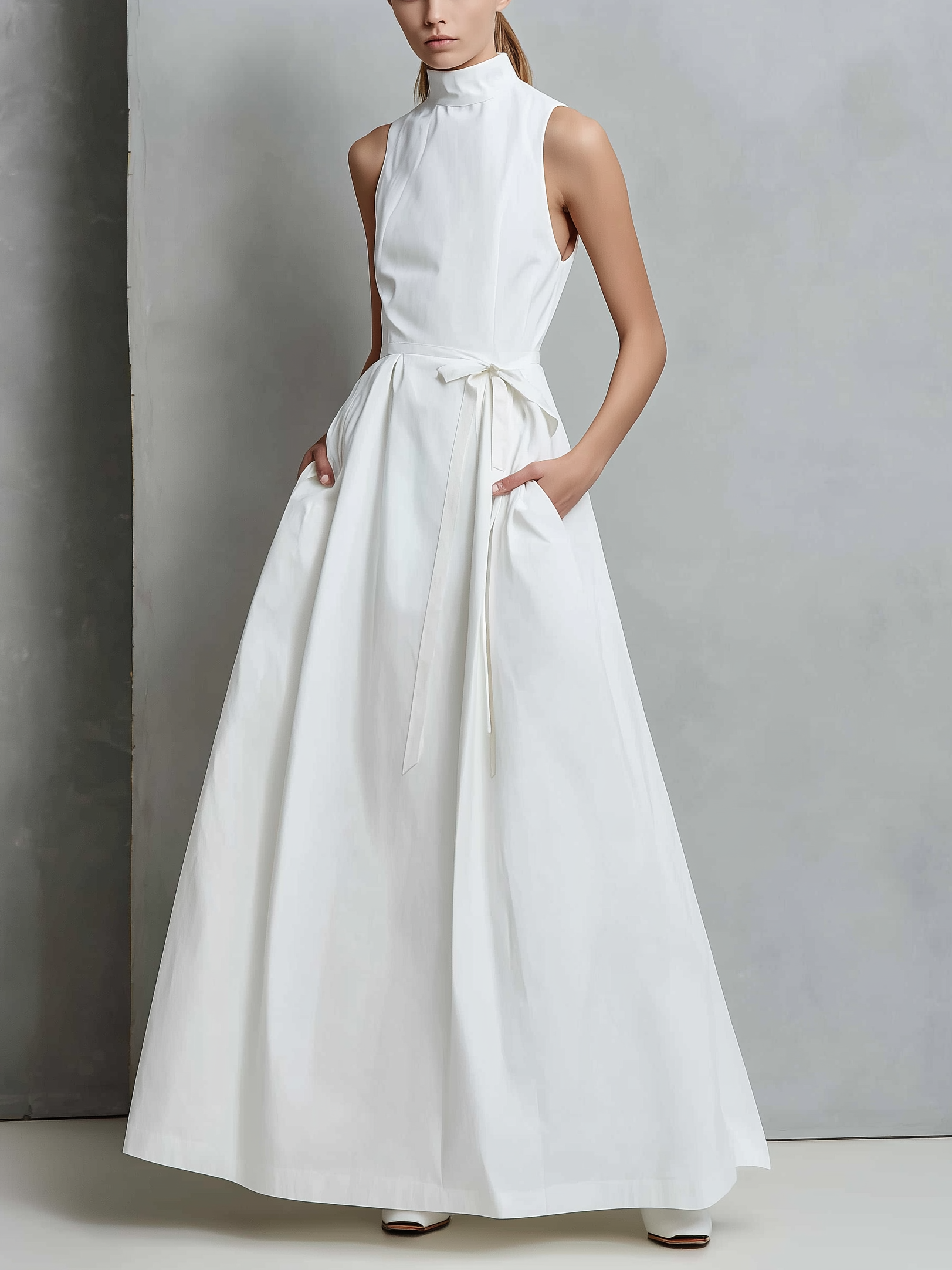 Women's Elegant White High-neck Sleeveless Woven Maxi Dress MDZ0733A5AN