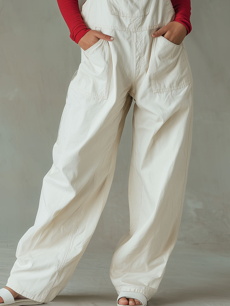 Fashionable Western Retro Overalls Off-White Jumpsuit