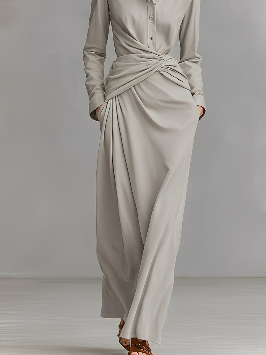 Women's Light Gray Woven Dress With Button-Front Shirt Collar & Knot Waist, Timeless Polished-Elegant Style Dress MDZ0956A4I