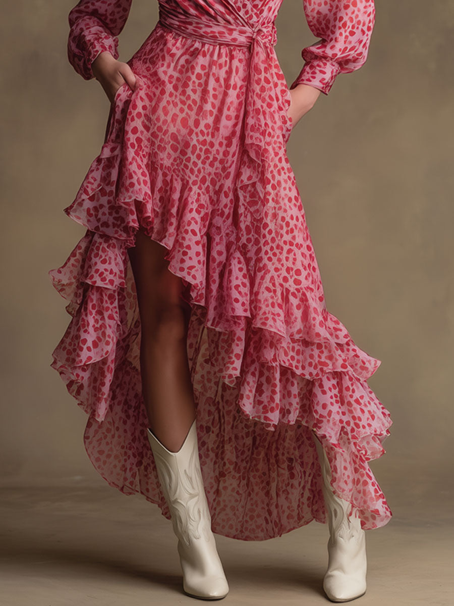 Vintage Pink Leopard Print Chiffon Long-sleeved Maxi Dress