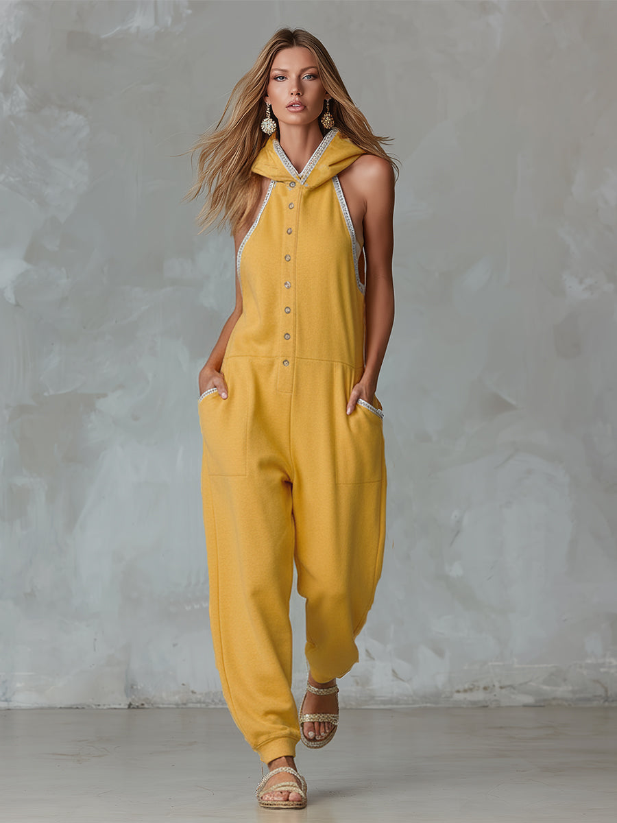 Stylish And Sporty Lace-trimmed Yellow Hooded Cotton Sleeveless Jumpsuit