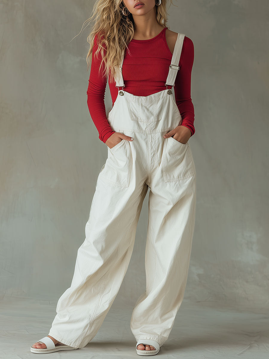 Fashionable Western Retro Overalls Off-White Jumpsuit