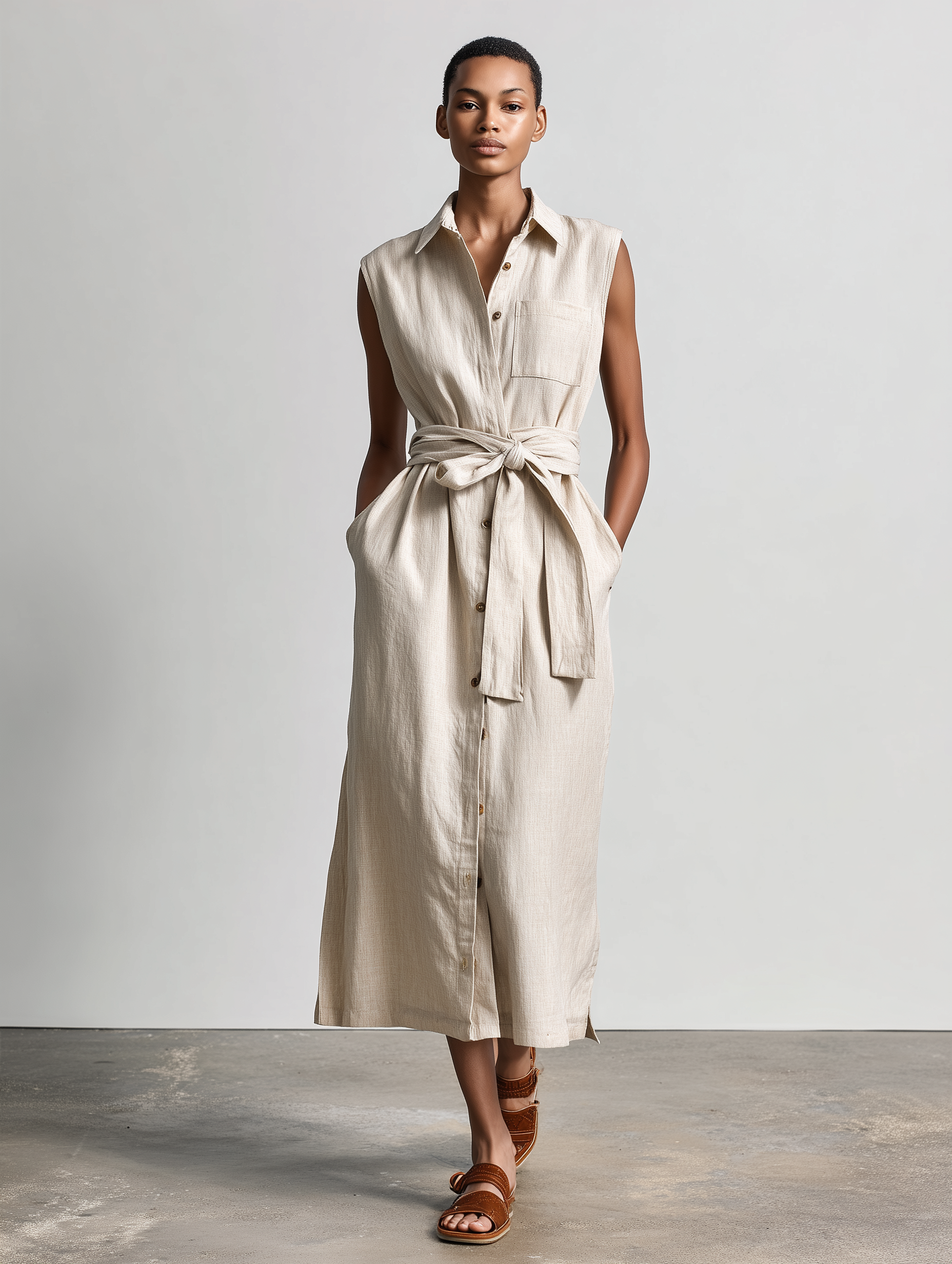 Women's Elegant, Natural-colored Cotton And Linen Blend Sleeveless Shirt-collar Midi Dress MDZ1579A0AN