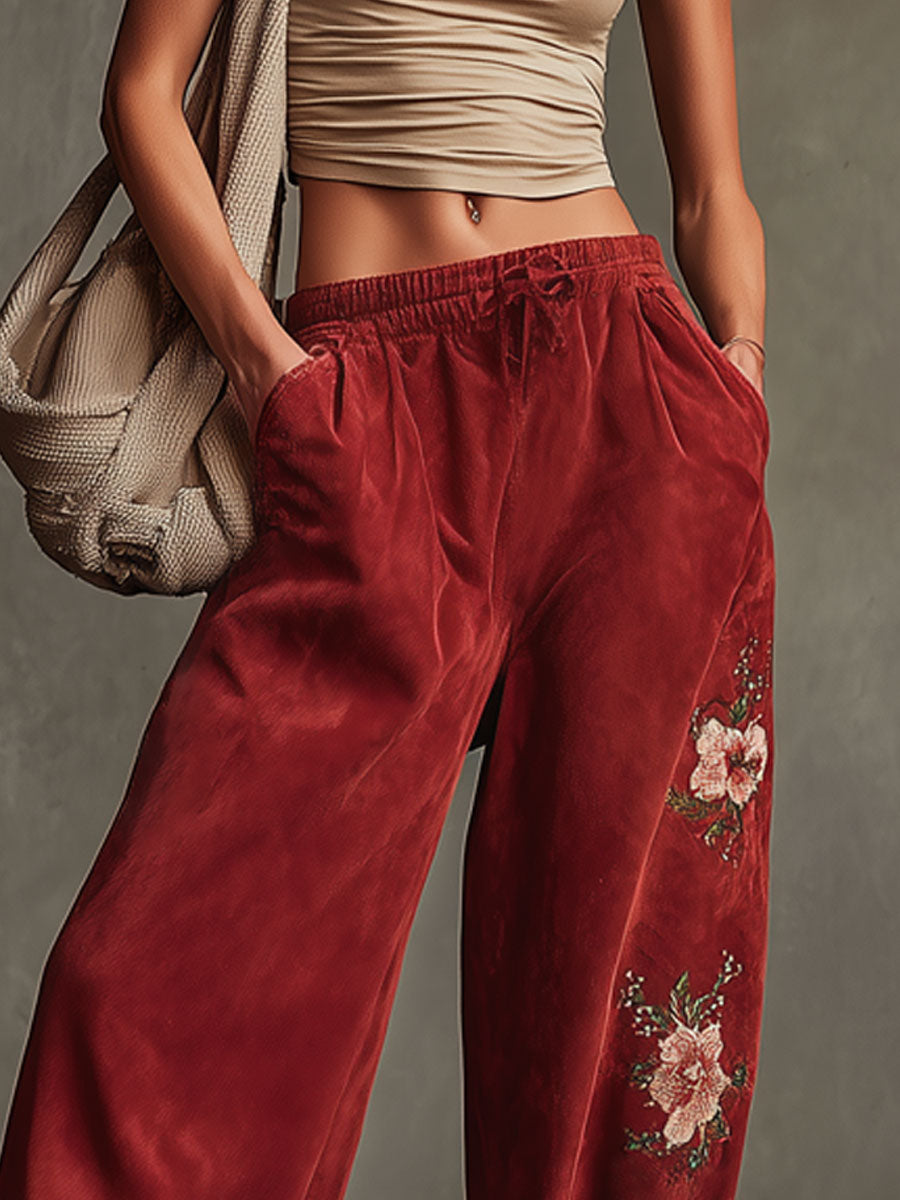 Western-style Retro Floral Embroidered Red Faux Suede Wide-leg Athletic Pants