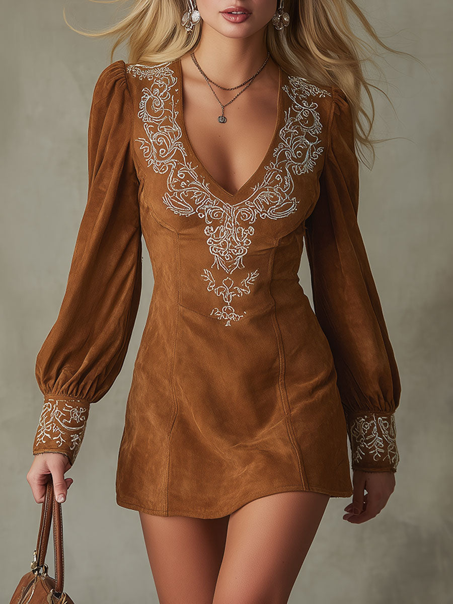 Western Retro Embroidered Brown V-Neck Long-Sleeve Suede Mini Dress
