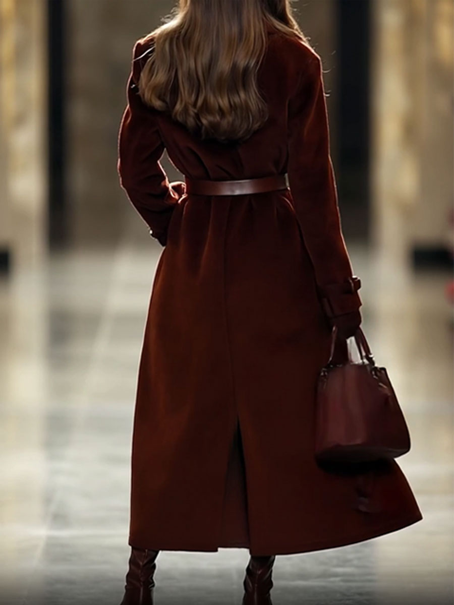 【24-hour shipping out】Casual Loose Vintage Angora Red Suede Pocket Lapel Extra Long Coat