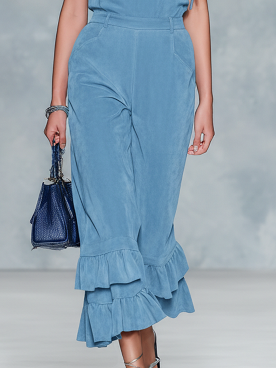 Retro-style Sleeveless V-neck Ruffled Faux Suede Jumpsuit