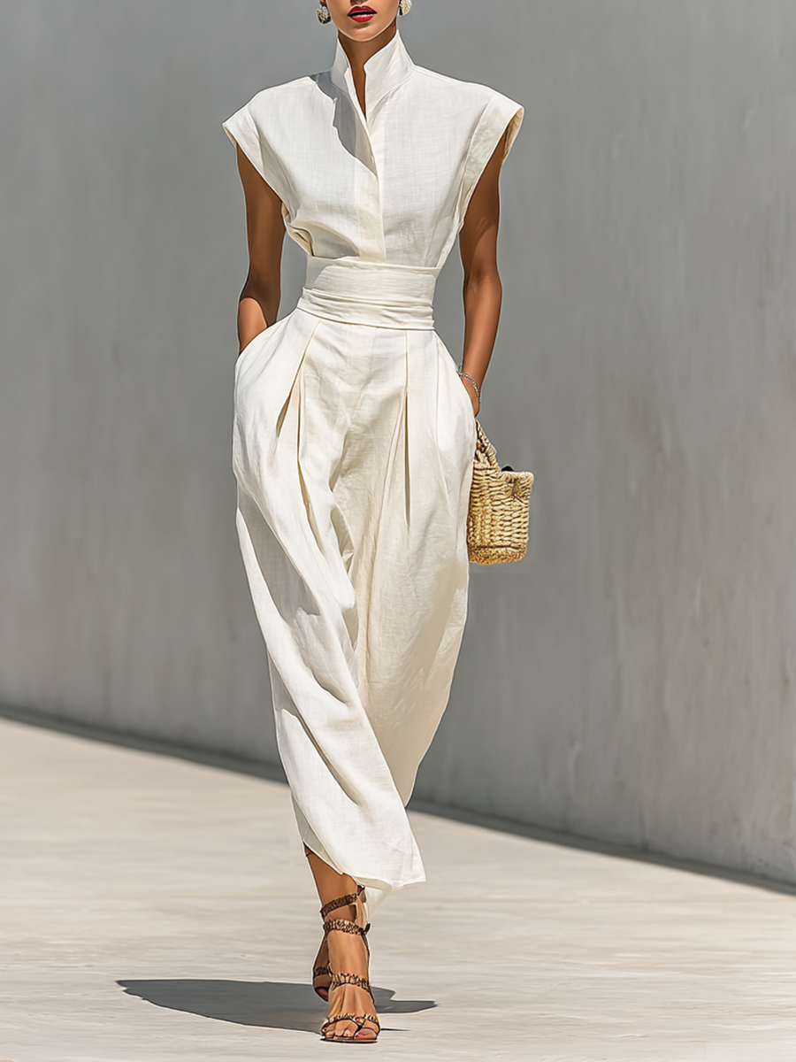 Women's Pure Cotton Lapel Cap Sleeves Waist Maxi Dress MDA0526G8Y