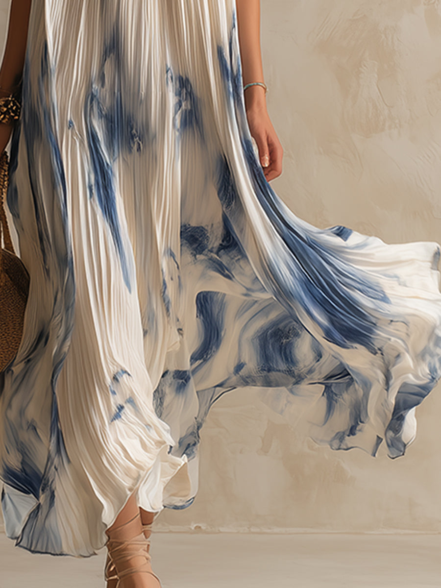 Elegant And Romantic Contrasting Color Printed White Pleated Chiffon Halter Neck Maxi Dress