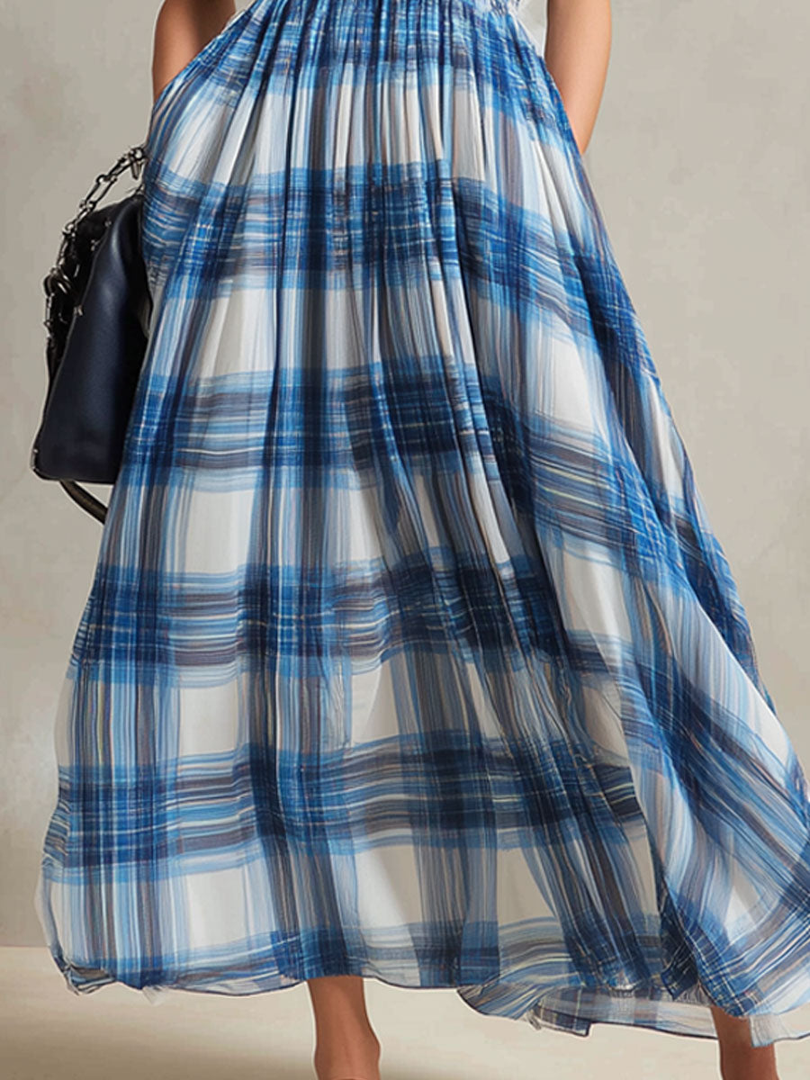 Vacation Retro Half-Zip Blue And White Check Chiffon Sleeveless Maxi Dress