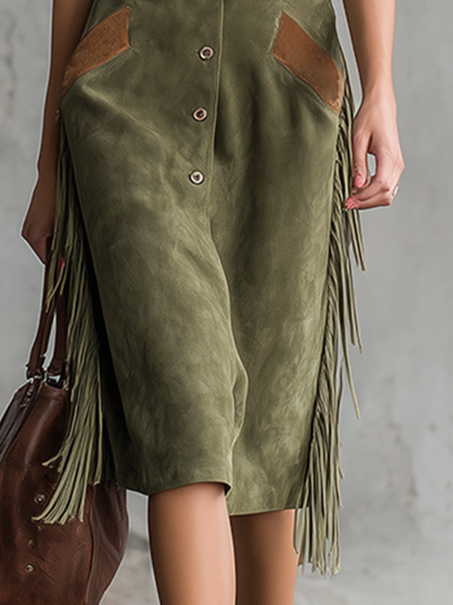 Retro Western Style Fringed Olive Green Faux Suede Sleeveless Midi Dress
