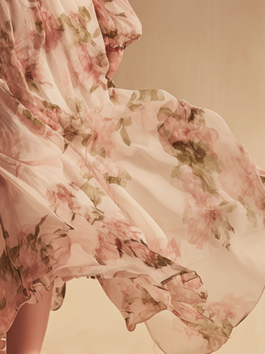 Stylish And Elegant Off-the-shoulder Floral Print Pink Chiffon Maxi Dress
