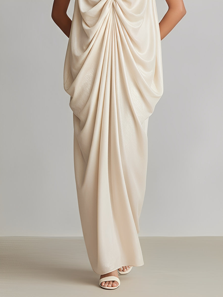 Women's Ivory Satin Dress With Deep V-Neck & Ruched Knot Detail, Timeless Luxe-Romantic Style Dress MDZ1545A6I