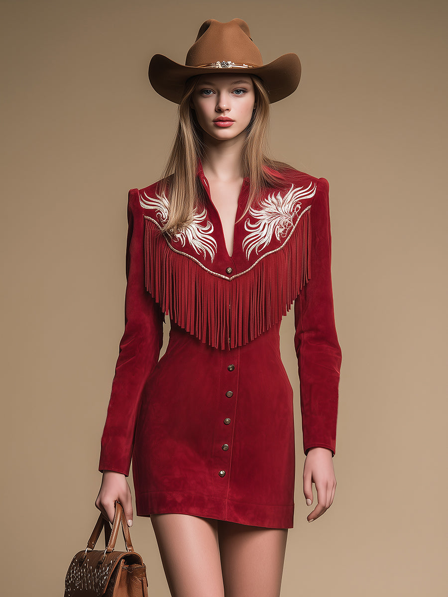 Western-style Retro Embroidered Fringed Lapel Faux Suede Mini Dress