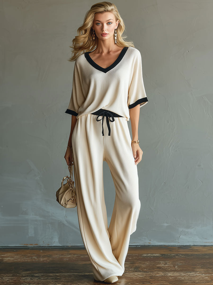 Casual Sporty Color-blocked Short-sleeved Knit Top And Pants Set