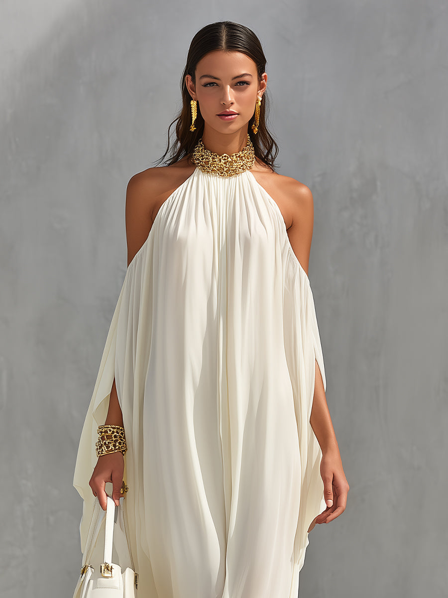 Women's Ivory Chiffon Dress With Halter Neck & Cold-Shoulder Detail, Timeless Luxe-Boho Style Dress MDA2983L1I