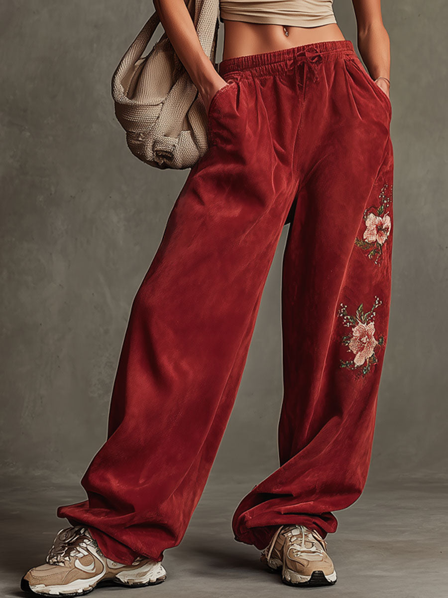 Western-style Retro Floral Embroidered Red Faux Suede Wide-leg Athletic Pants