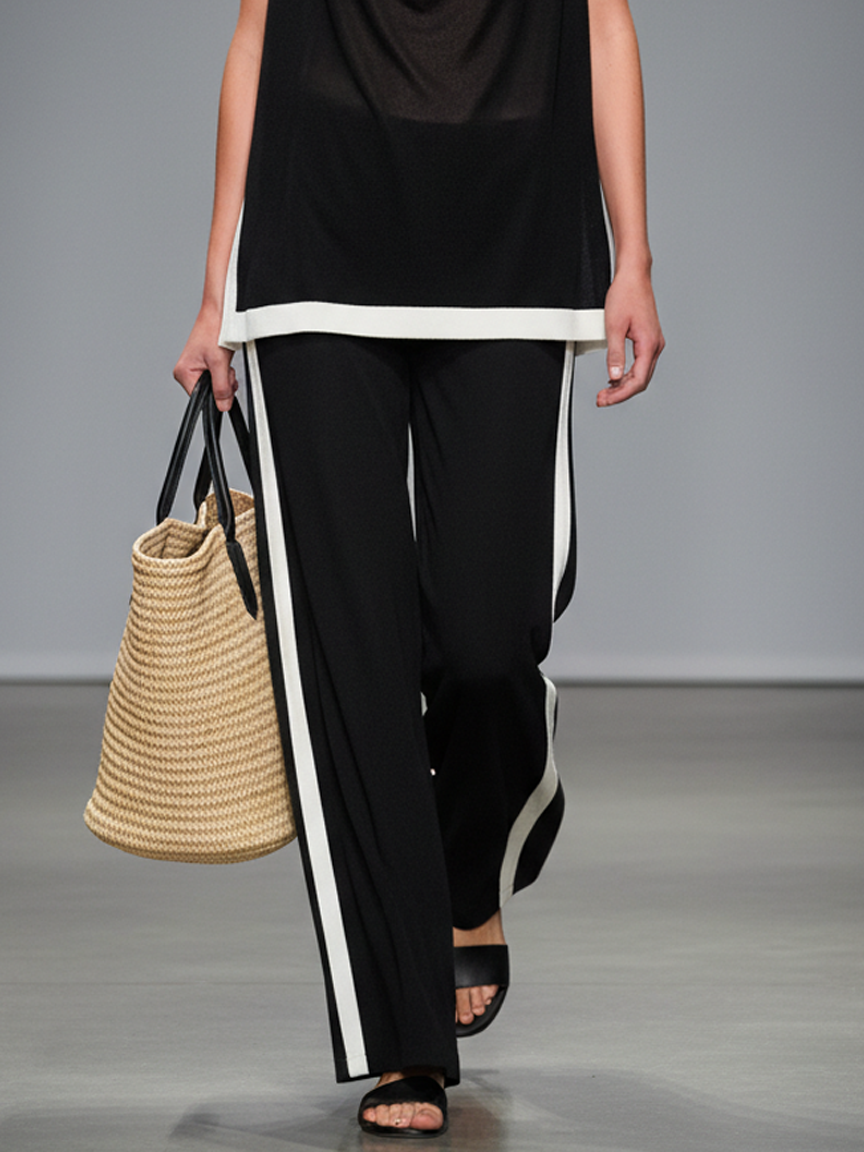 Women's Minimalist Sheer Knit Sleeveless Blouse  And Straight-leg Pants Set MDZ1417A3Y