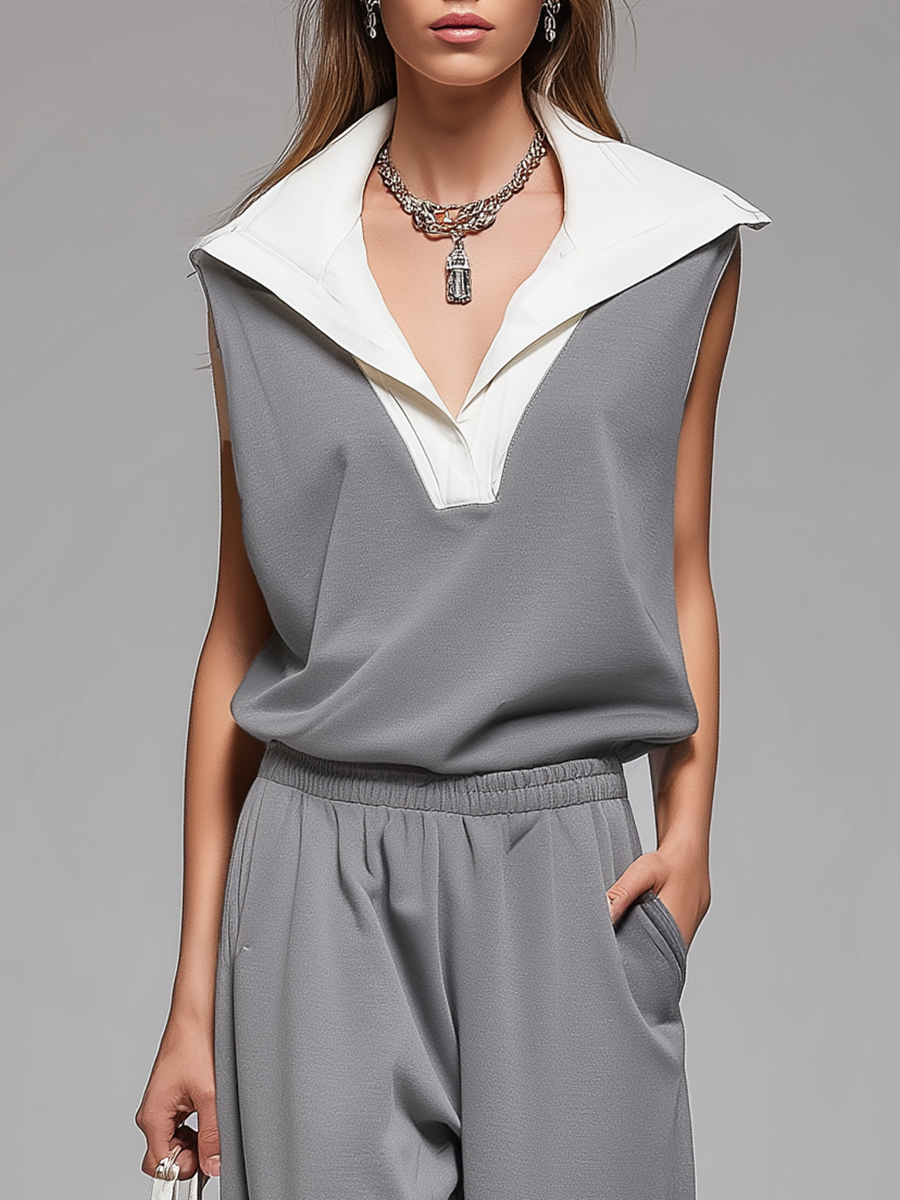 Stylish Retro Collared Short-sleeved Top And Trousers Set