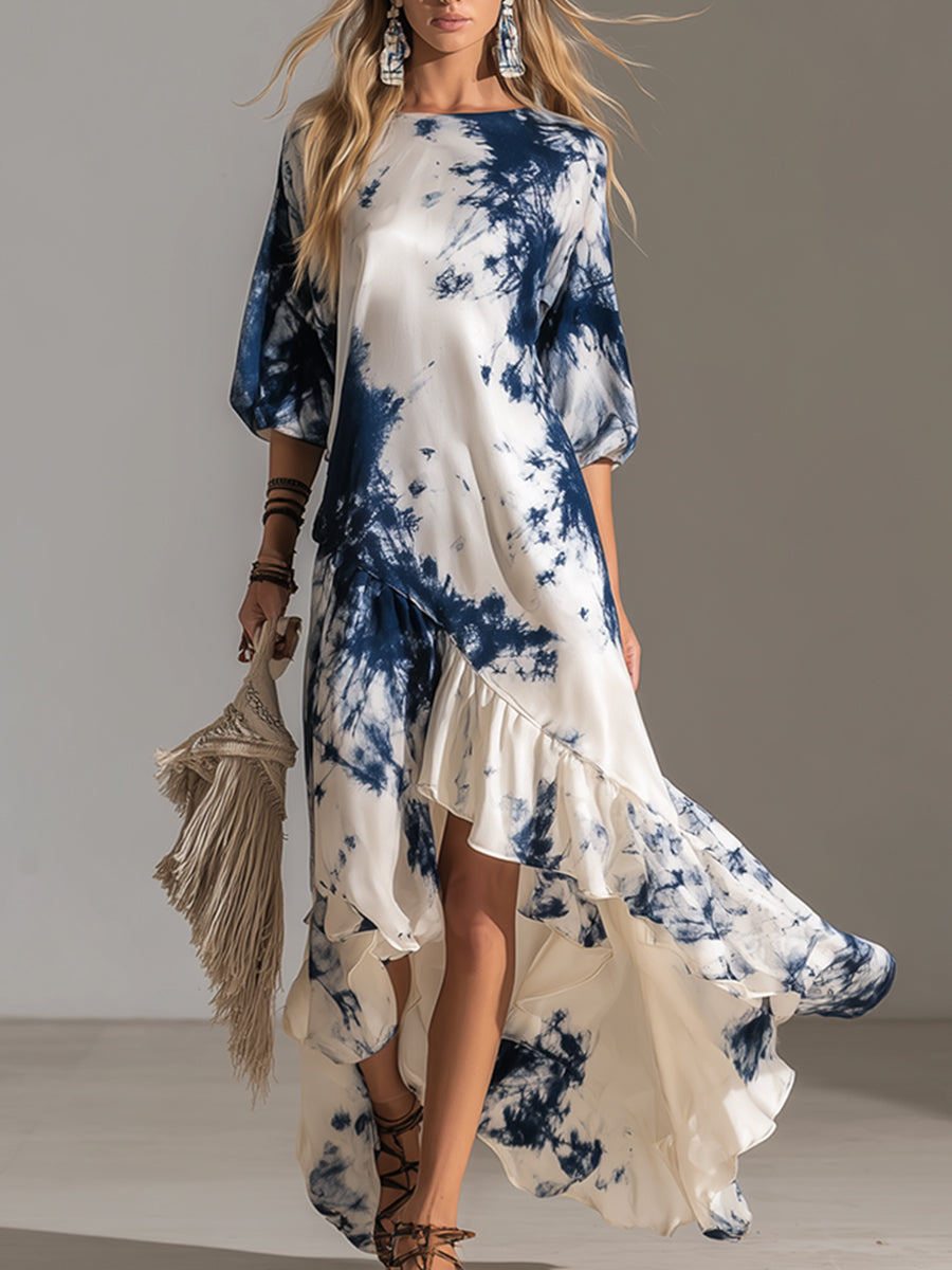 Elegant And Sophisticated Tie-dye Printed White Satin Maxi Dress