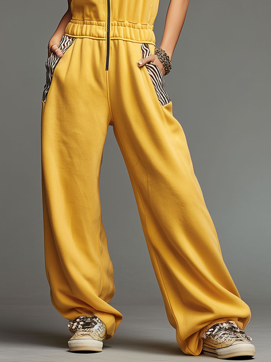 Sporty Retro Velvet Zebra Print Collar Yellow Cotton Blend Sleeveless Jumpsuit