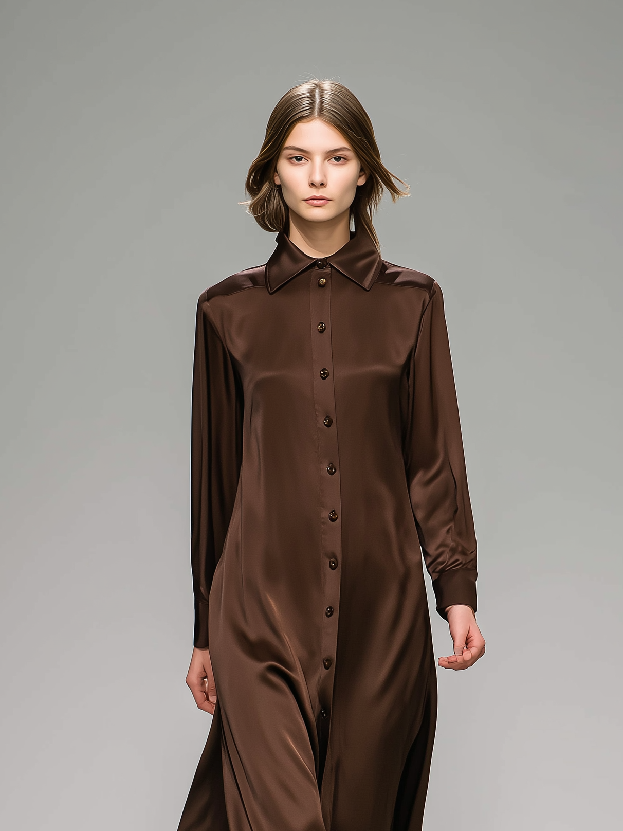 Women's Elegant Dark Brown Satin Long-sleeved Shirt Dress MDZ0934A2AN