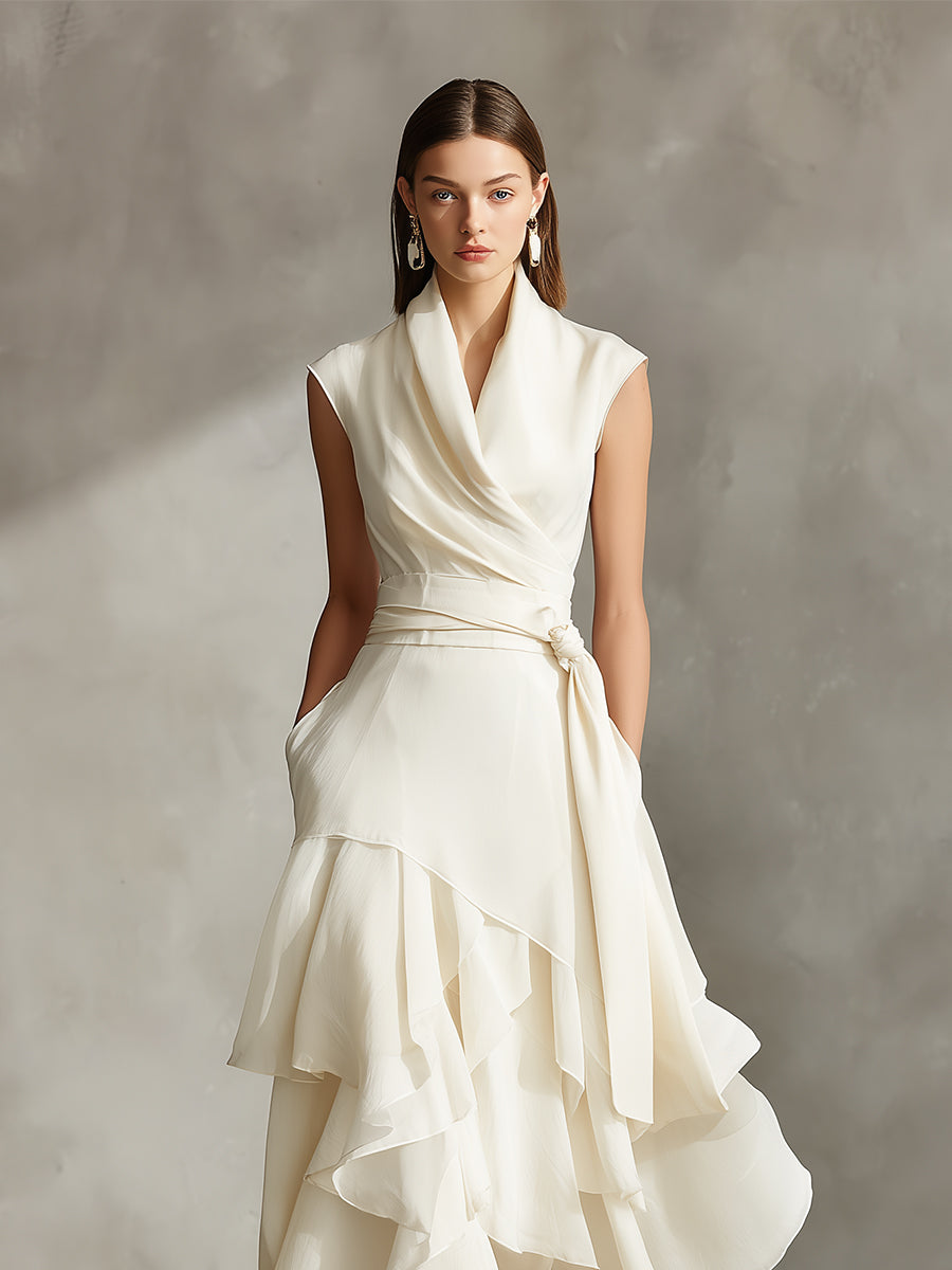 Women's Ivory Satin Dress With Wrap Collar & Ruffled Asymmetric Skirt, Timeless Romantic-Luxe Style Dress MDZ1462A2I