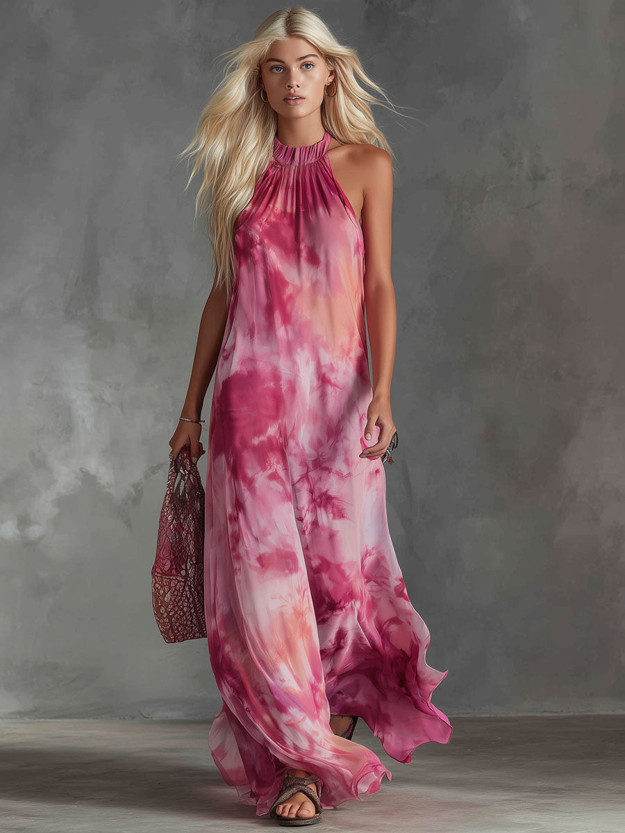 Halter-neck Tie-dye Print Chiffon Sleeveless Maxi Dress