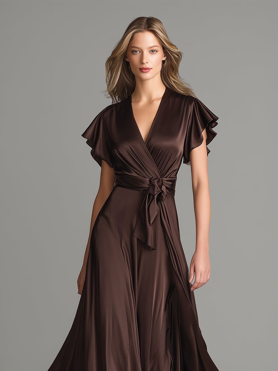 Women's Chocolate Satin Dress With Ruffled Sleeves & Wrap Detail, Timeless Romantic-Luxe Style Dress MDZ0974A4I