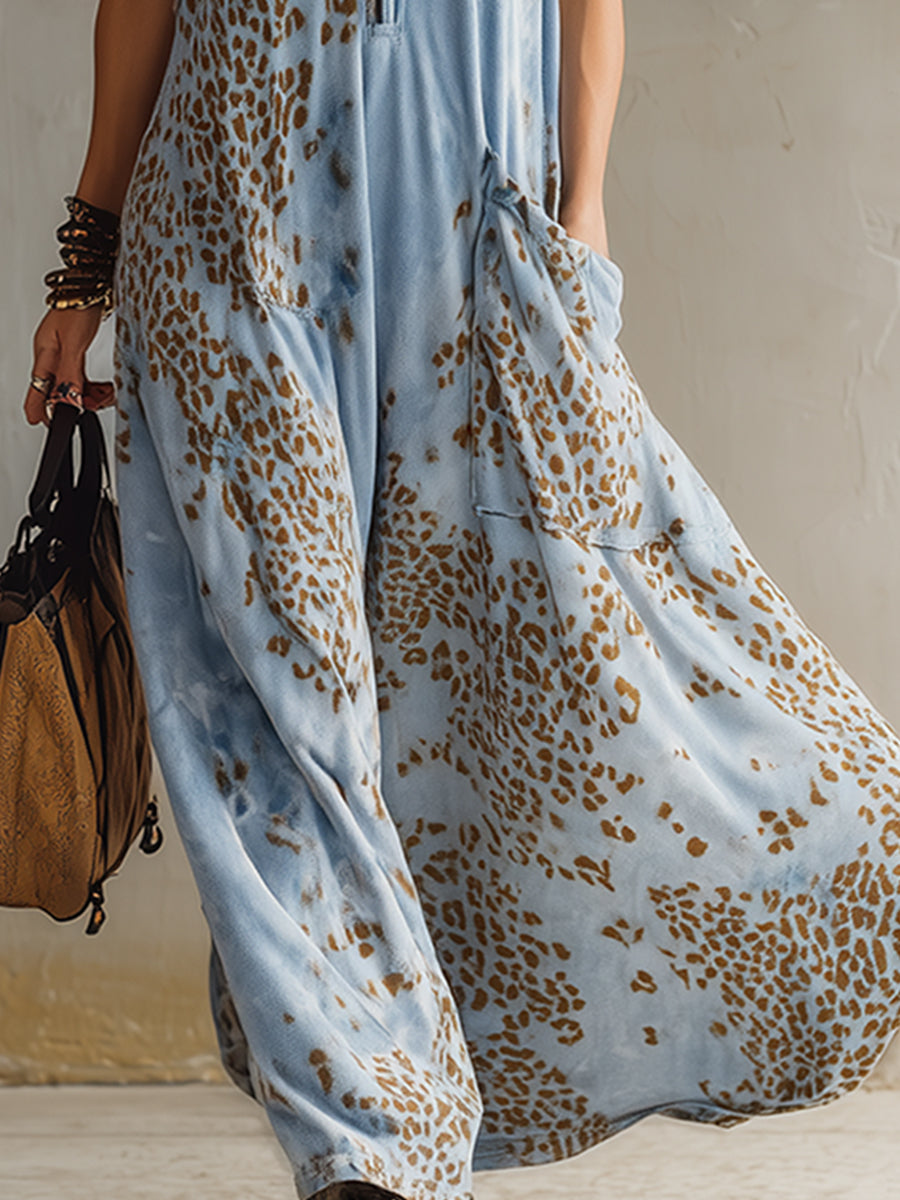 Stylish Urban Leopard Print Sky Blue Velvet Hooded Maxi Dress