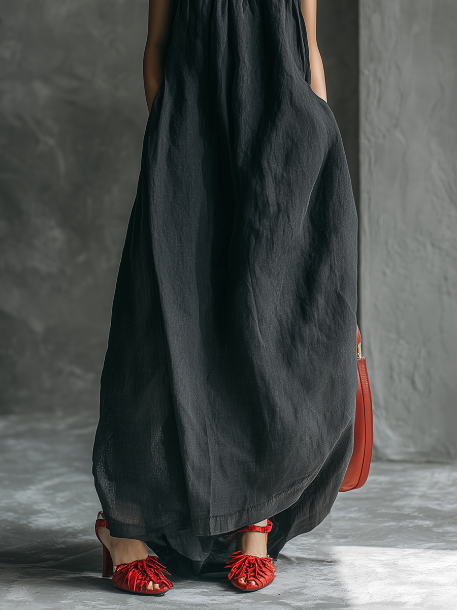 Stylish Western-style Dark Gray Lace Neckline Sleeveless Tencel Maxi Dress