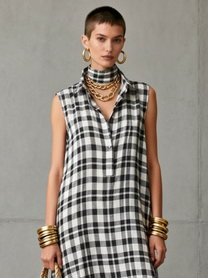 Women's Minimalist Checkered Sleeveless Maxi Dress MDZ0659A9Y