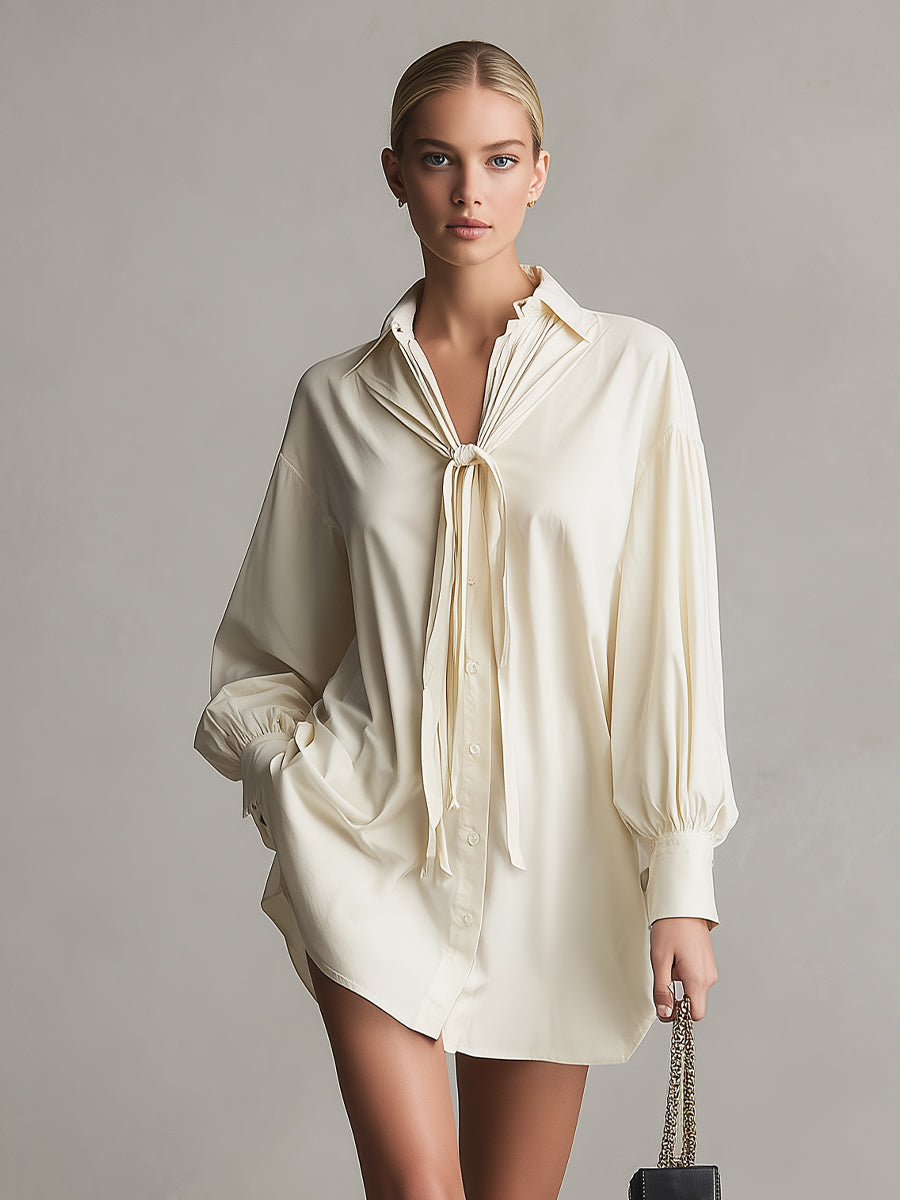 Women's Off-White Woven Dress With Long Sleeve & Mini Length, Sophisticated Daytime-Casual Style Dress MDZ1559A3I
