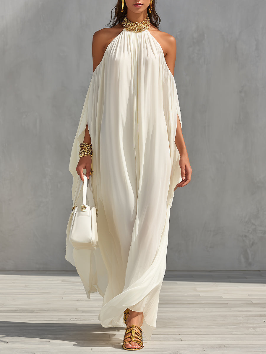 Women's Ivory Chiffon Dress With Halter Neck & Cold-Shoulder Detail, Timeless Luxe-Boho Style Dress MDA2983L1I